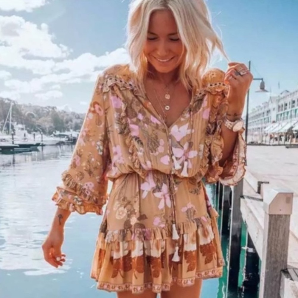 SOLD OUT Golden Floral Ruffle Fall Boho Long Sleeve Dress - Picture 1 of 14